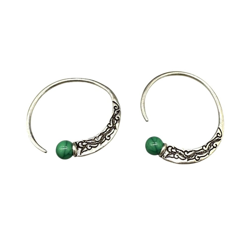 Vintage Green Beads Engraved Tribal Hoop Earrings Silver Tone Ethnic Statement
